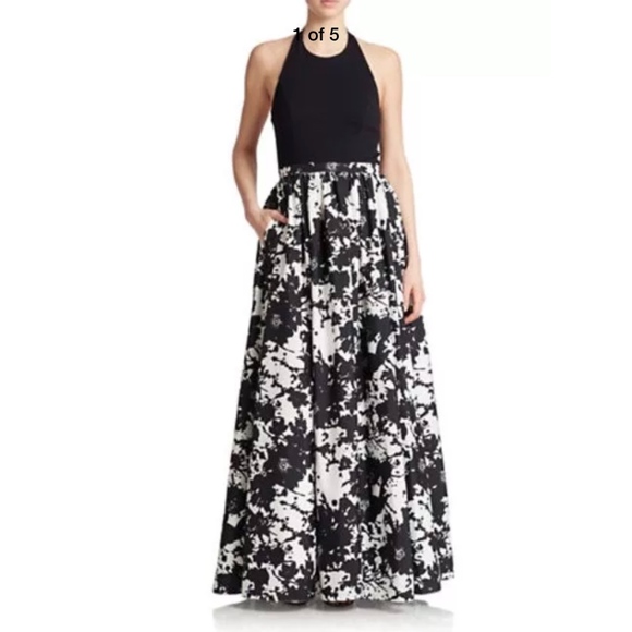NWT Aidan by Aidan Mattox [sz 4‎ ] Floral Ponte & Taffeta Halter Gown Black - Picture 7 of 7